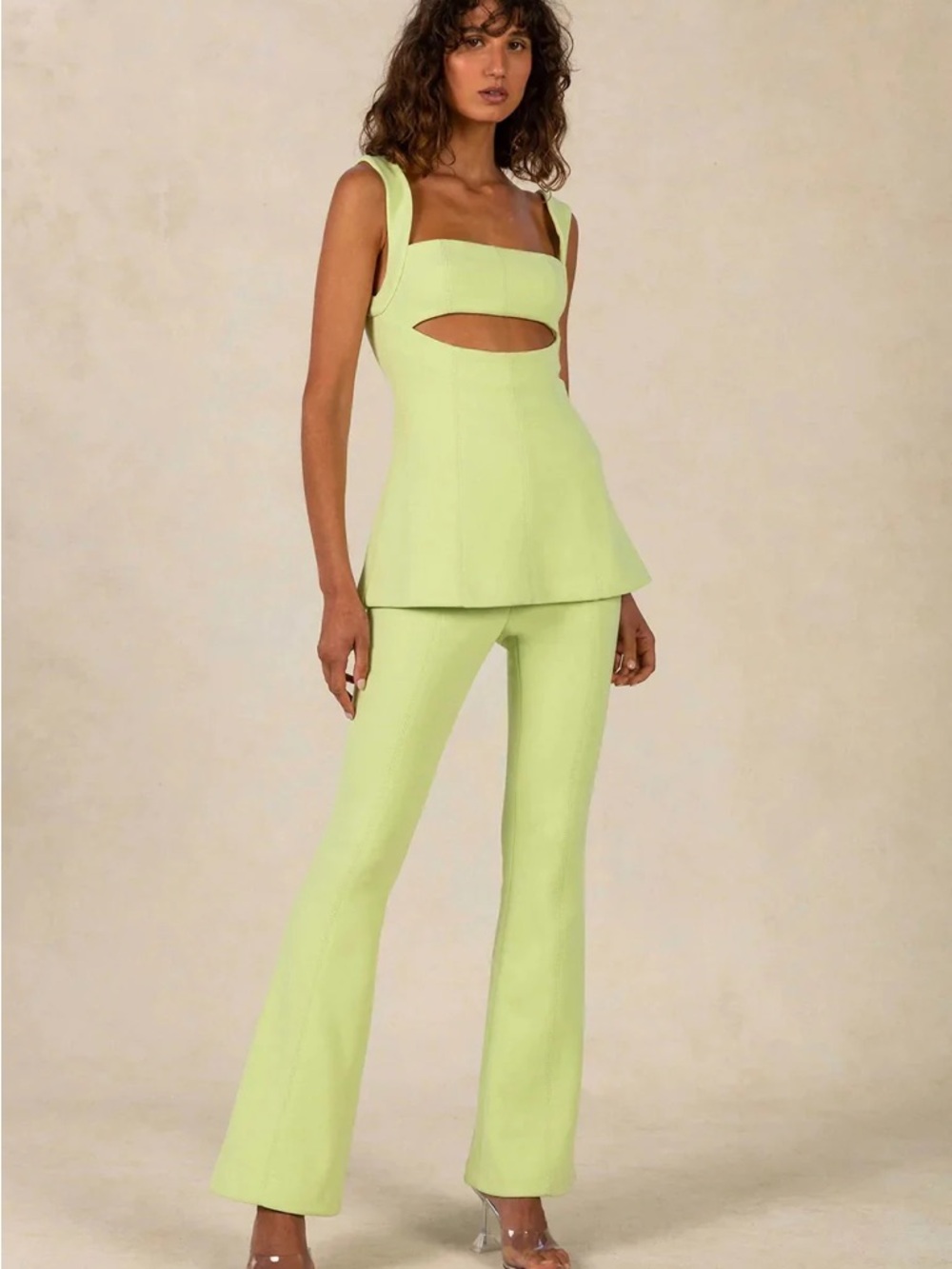 Cutout Peplum Top & Flared Pants Set - Lime